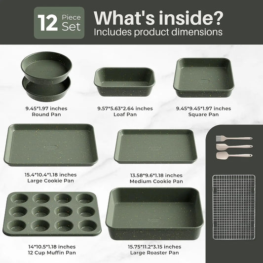 12-Piece Nonstick Baking Set with Cake Pan, Muffin Pan, Cookie Sheet & Utensils - Ceramic Coated Green