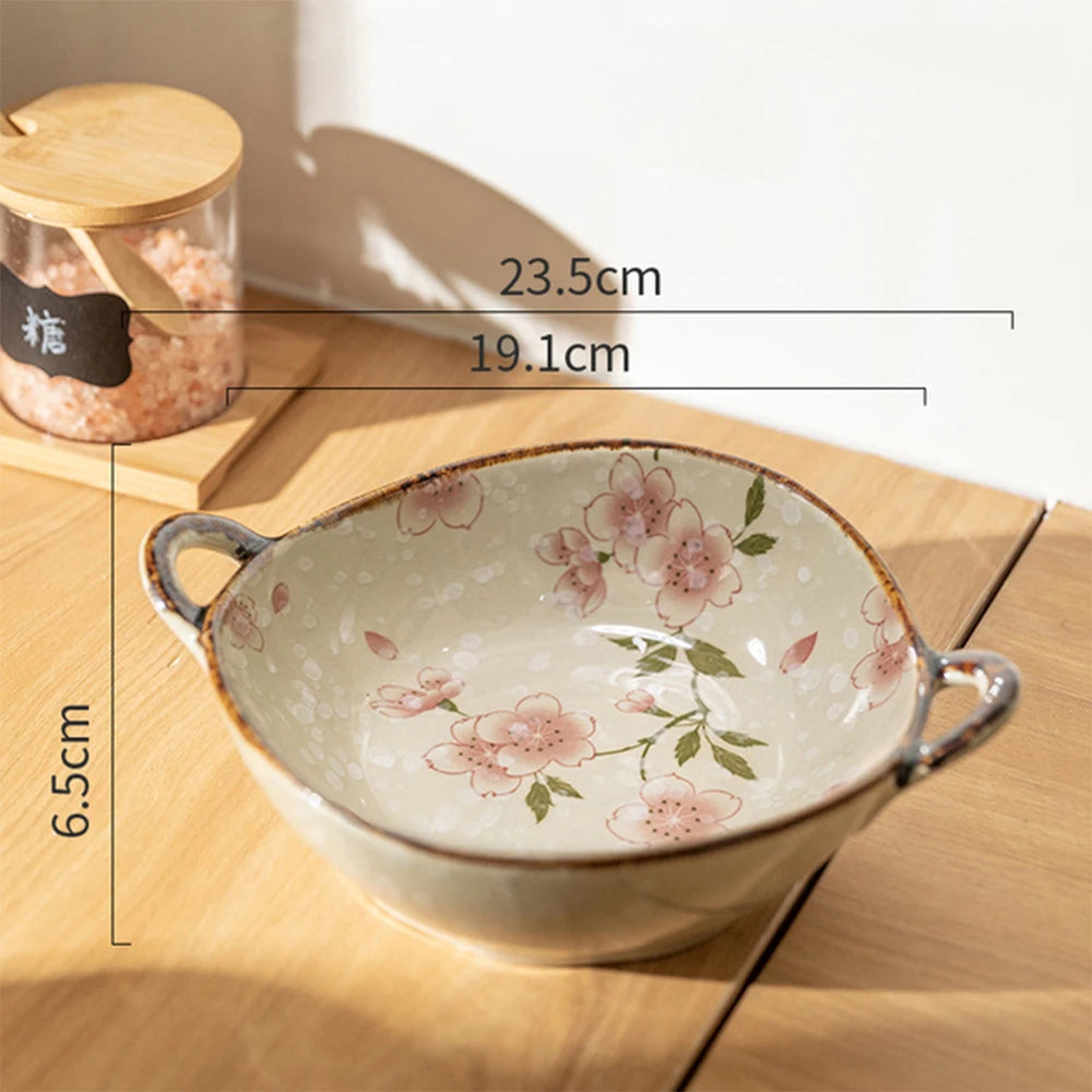 7.5inch Japanese Household Noodle Bowl Ceramic Soup Bowl With Handle Salad Pasta Bowl Kitchen Tableware Microwave Oven Bakware