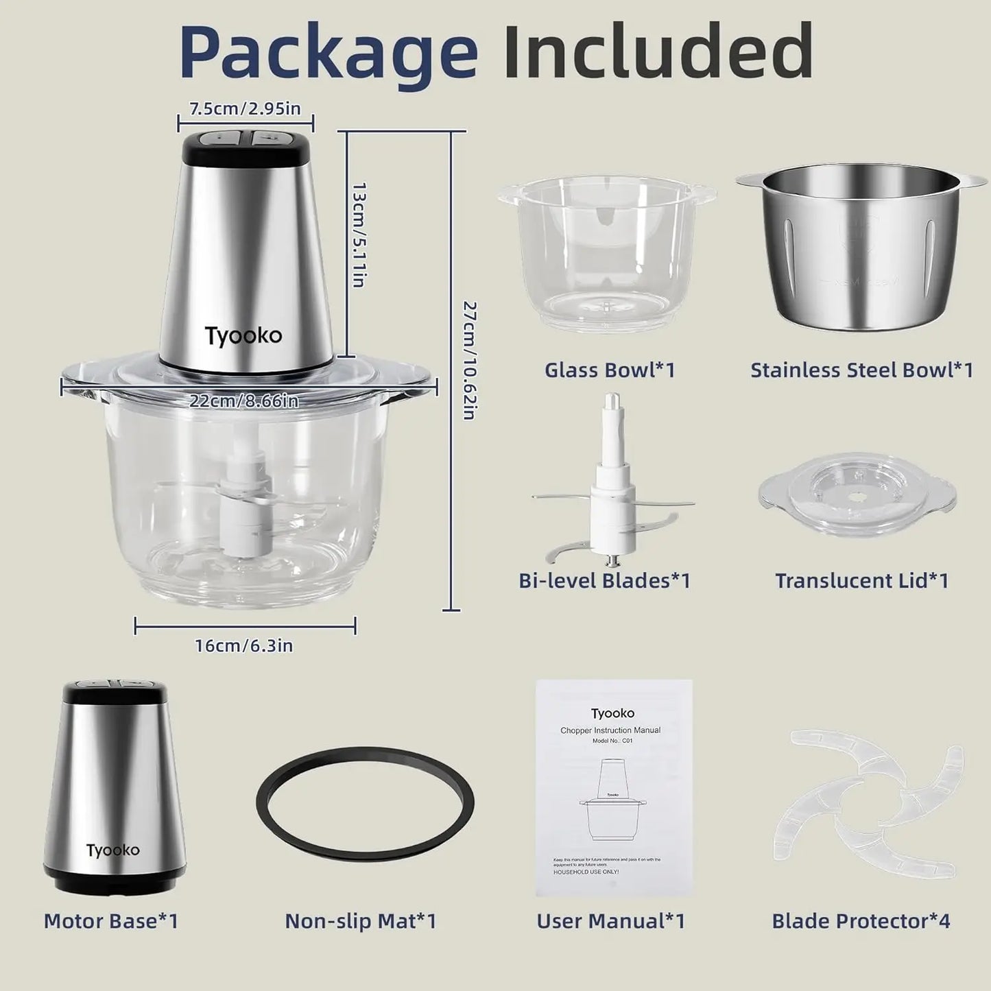 Electric Food Processor with 2 Bowls, Easy Clean Chopper for Fruits Meat Nuts Veggie Pet Baby Food