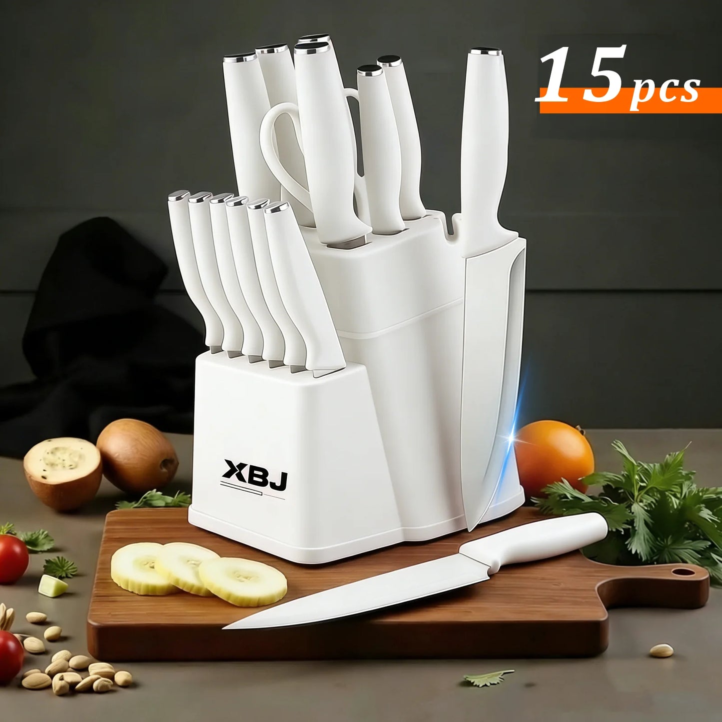 Knife Set, 15 Piece Knife Block Set with Built-in Sharpener, Dishwasher Safe, Rust Resistant, Ergonomic Handle, Stainless Steel