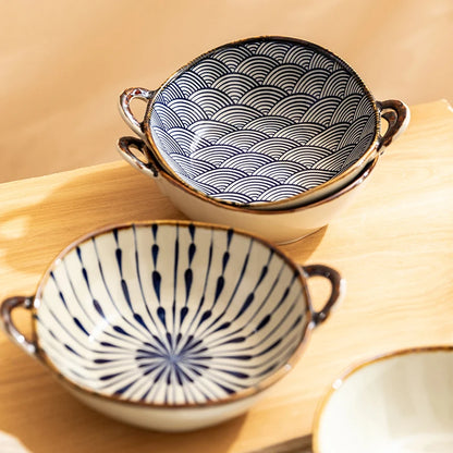 7.5inch Japanese Household Noodle Bowl Ceramic Soup Bowl With Handle Salad Pasta Bowl Kitchen Tableware Microwave Oven Bakware