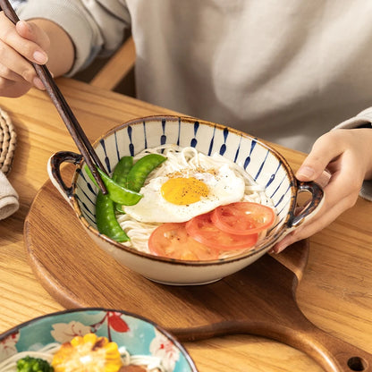 7.5inch Japanese Household Noodle Bowl Ceramic Soup Bowl With Handle Salad Pasta Bowl Kitchen Tableware Microwave Oven Bakware