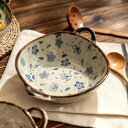 7.5inch Japanese Household Noodle Bowl Ceramic Soup Bowl With Handle Salad Pasta Bowl Kitchen Tableware Microwave Oven Bakware