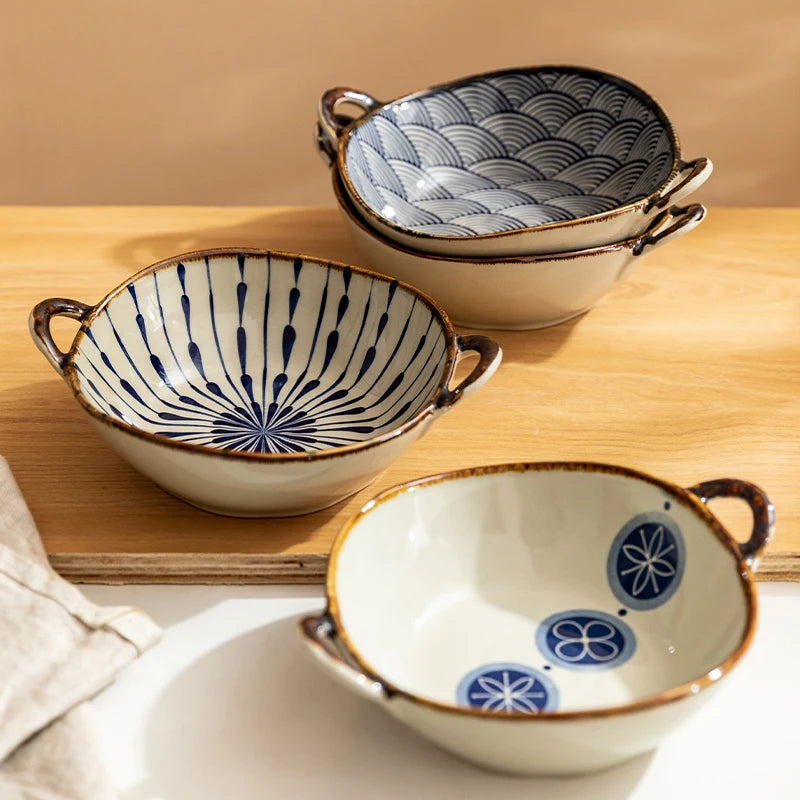 7.5inch Japanese Household Noodle Bowl Ceramic Soup Bowl With Handle Salad Pasta Bowl Kitchen Tableware Microwave Oven Bakware