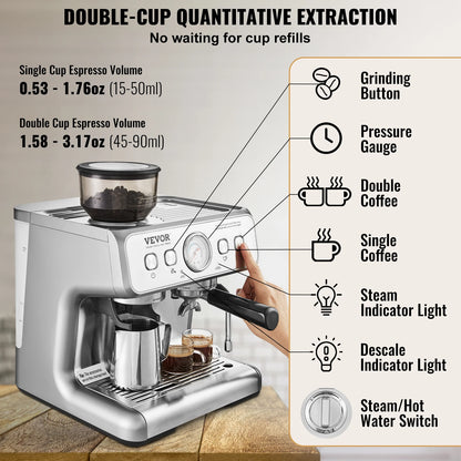 SucceBuy Espresso Machine with Grinder 15 Bar Semi-Automatic Espresso Coffee Maker with Milk Frother Steam Wand