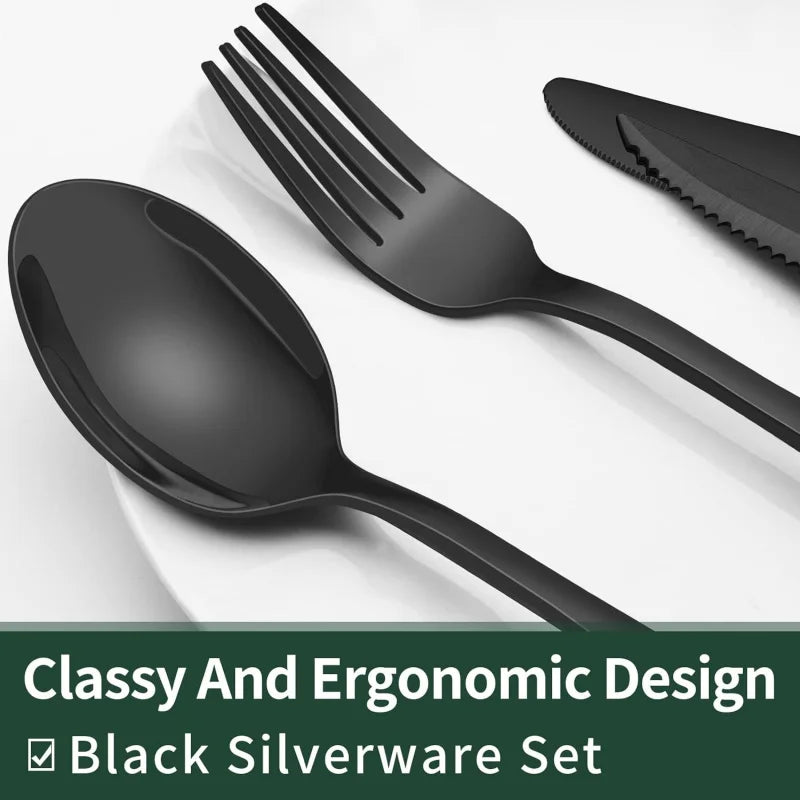 EWFEN 24 Black silverware set with steak knife,Black tableware set,4 Set,Food-grade stainless steel cutlery set,Mirror-polished