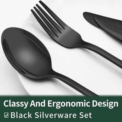 EWFEN 24 Black silverware set with steak knife,Black tableware set,4 Set,Food-grade stainless steel cutlery set,Mirror-polished