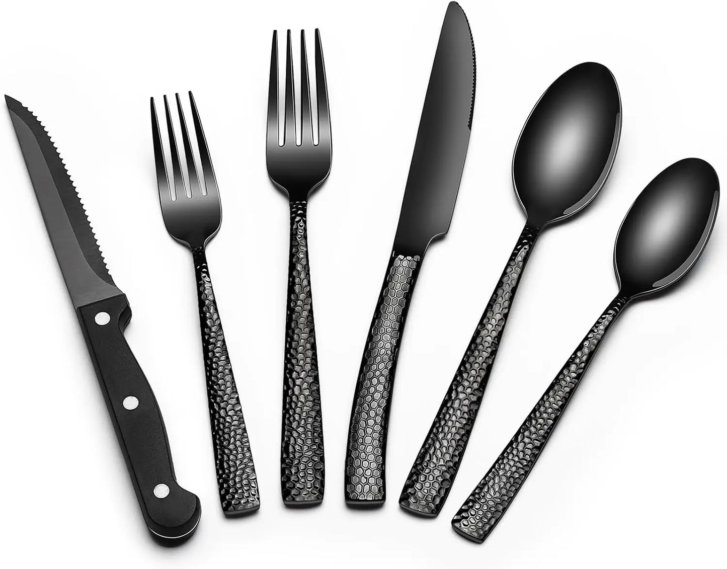 EWFEN 24 Black silverware set with steak knife,Black tableware set,4 Set,Food-grade stainless steel cutlery set,Mirror-polished