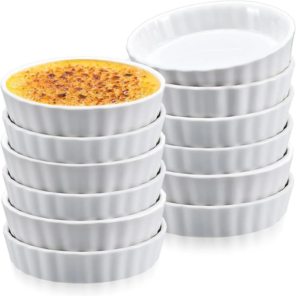 6pcs Mini Ceramic Creme Brulee Ramekins Shallow White Tart Baking Pan Round Steamed Egg Dishes Oven