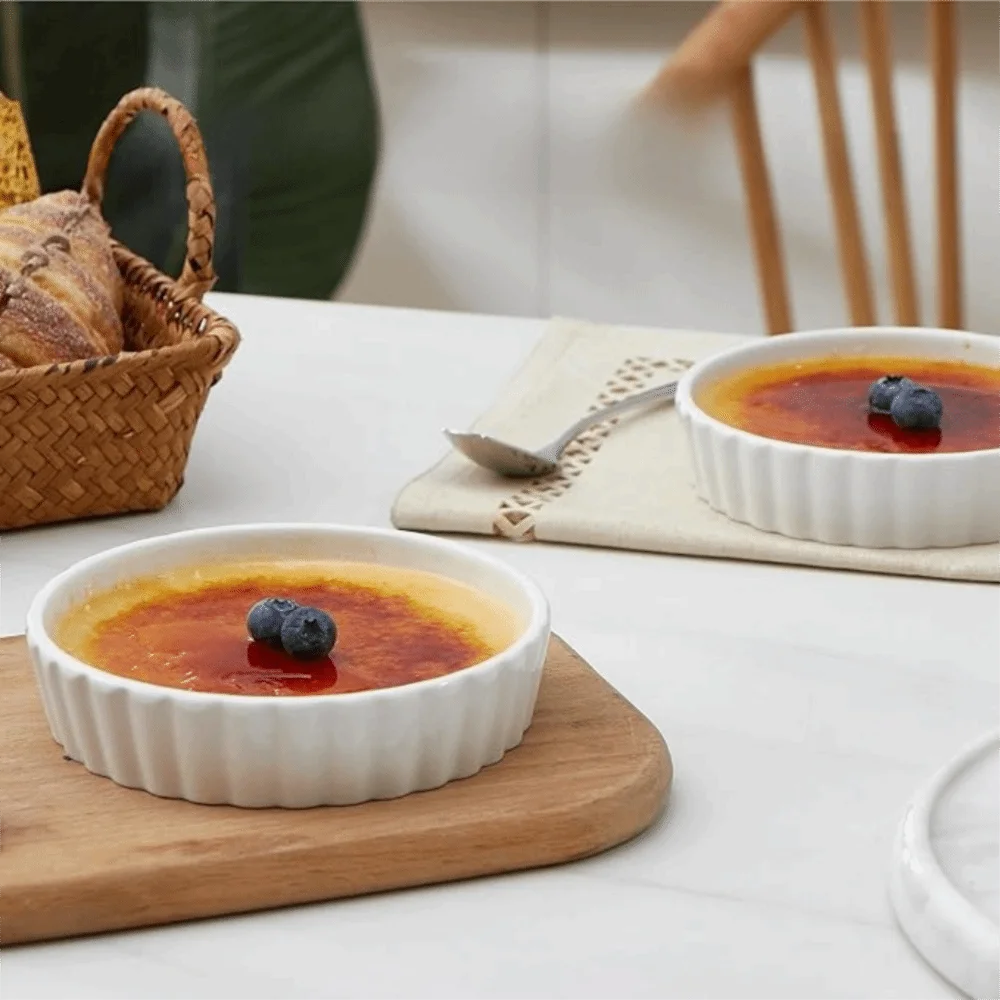 6pcs Mini Ceramic Creme Brulee Ramekins Shallow White Tart Baking Pan Round Steamed Egg Dishes Oven