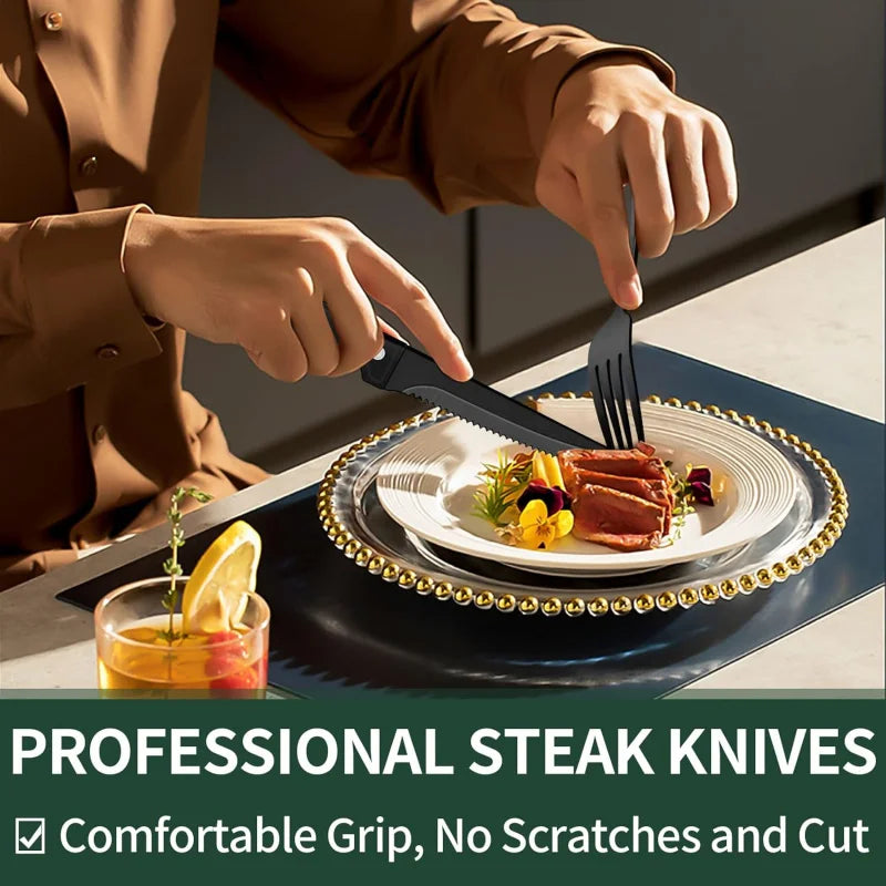 EWFEN 24 Black silverware set with steak knife,Black tableware set,4 Set,Food-grade stainless steel cutlery set,Mirror-polished