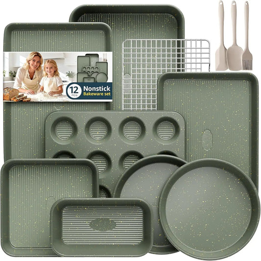 12-Piece Nonstick Baking Set with Cake Pan, Muffin Pan, Cookie Sheet & Utensils - Ceramic Coated Green