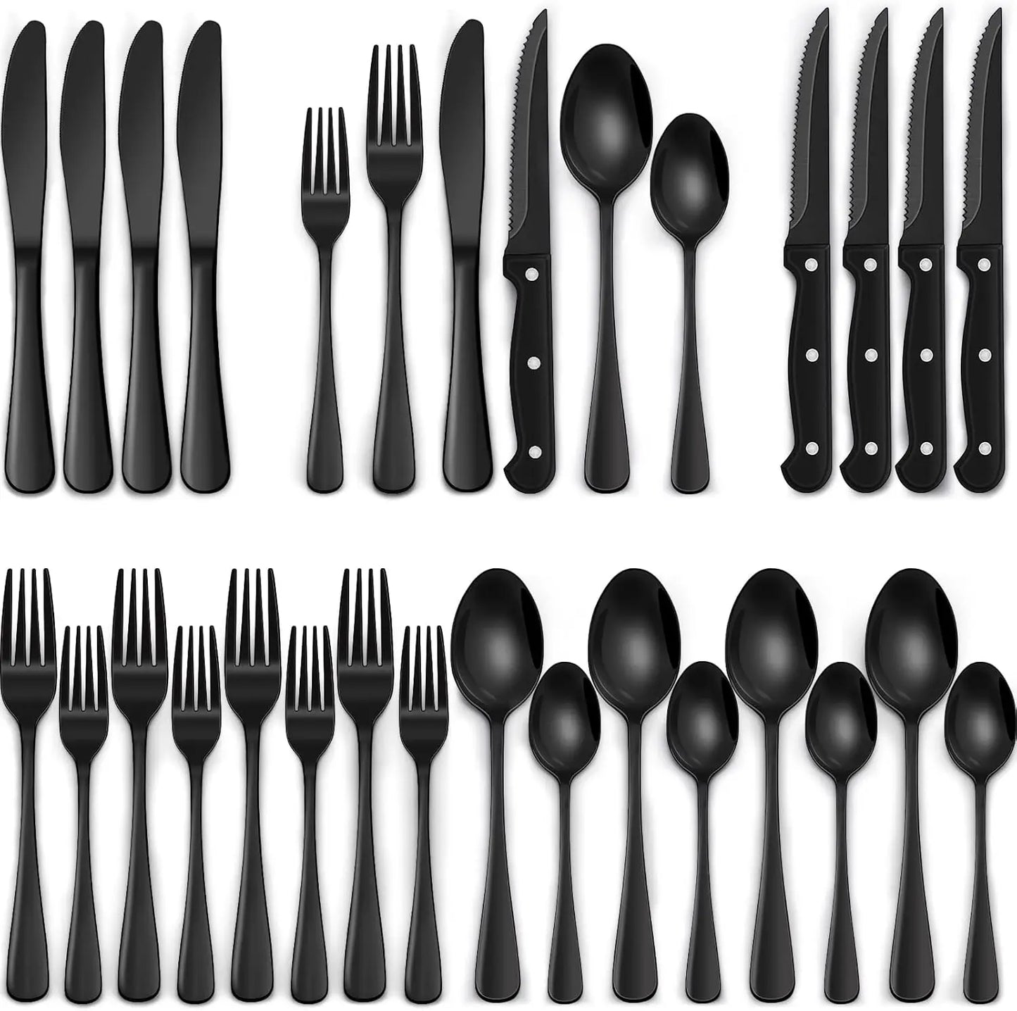 EWFEN 24 Black silverware set with steak knife,Black tableware set,4 Set,Food-grade stainless steel cutlery set,Mirror-polished