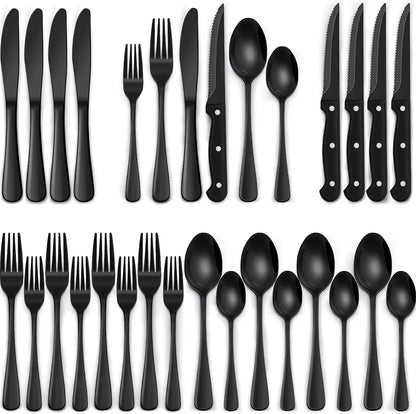 EWFEN 24 Black silverware set with steak knife,Black tableware set,4 Set,Food-grade stainless steel cutlery set,Mirror-polished