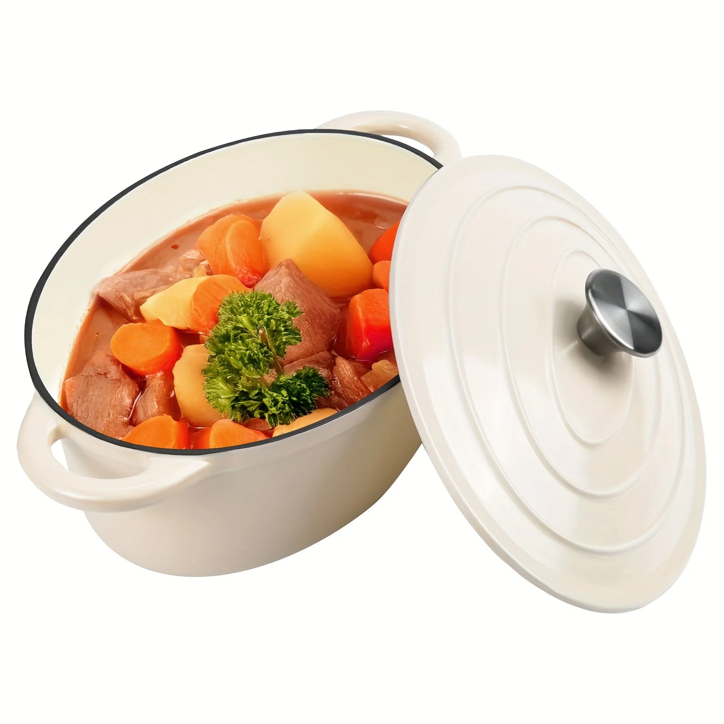 A porcelain-coated cast iron stew pot with a lid and two-handled design, suitable for bread baking and cooking.