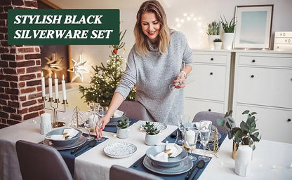 EWFEN 24 Black silverware set with steak knife,Black tableware set,4 Set,Food-grade stainless steel cutlery set,Mirror-polished