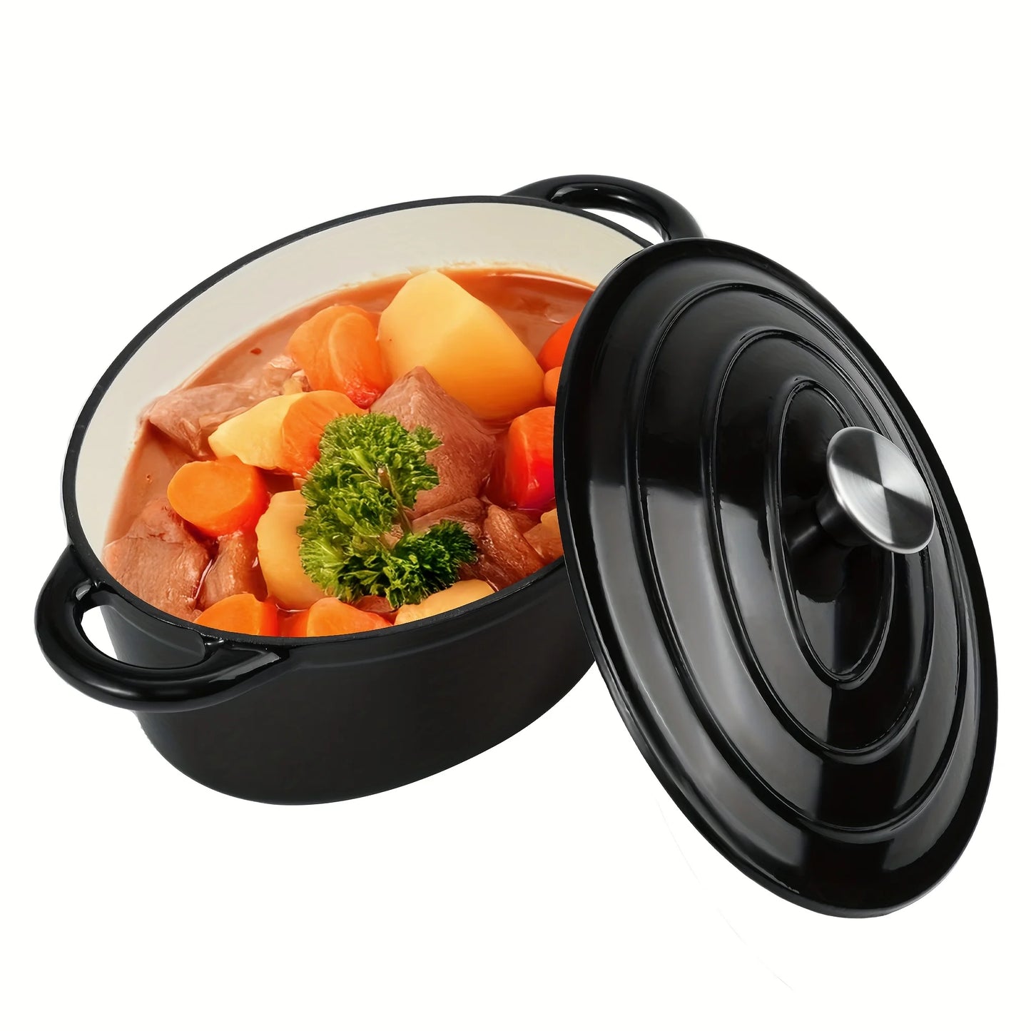 A porcelain-coated cast iron stew pot with a lid and two-handled design, suitable for bread baking and cooking.