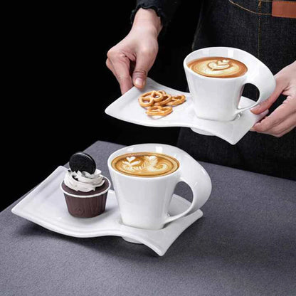 European Ceramic CoffeeCups Set with Wave Shape Plate 80 100 180 and 280ml Modern Minimalist White Cappuccino Latte Dessert Dish
