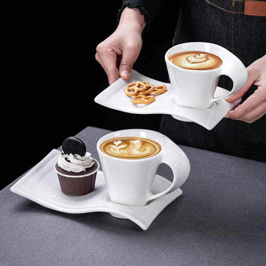 European Ceramic CoffeeCups Set with Wave Shape Plate 80 100 180 and 280ml Modern Minimalist White Cappuccino Latte Dessert Dish