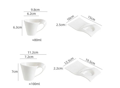 European Ceramic CoffeeCups Set with Wave Shape Plate 80 100 180 and 280ml Modern Minimalist White Cappuccino Latte Dessert Dish