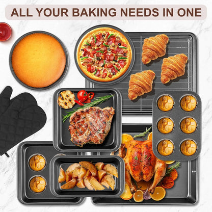 12PCS Nonstick Baking Pans Set with Wider Grip, Includes Cookie Sheets, Muffin Pan, Loaf Pan, Cake Pan