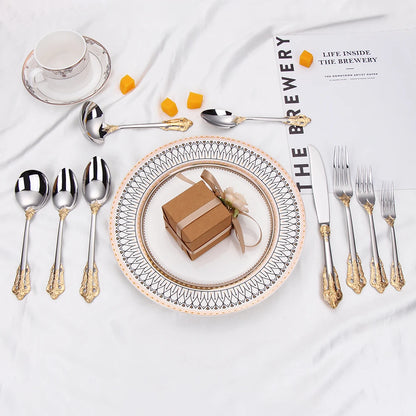 Stainless Steel Silver Flatware Set, Vintage Cutlery, Hollow Handle, Silverware for Wedding, Baroque, 18/10, Glossy Gold