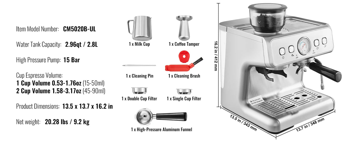 SucceBuy Espresso Machine with Grinder 15 Bar Semi-Automatic Espresso Coffee Maker with Milk Frother Steam Wand