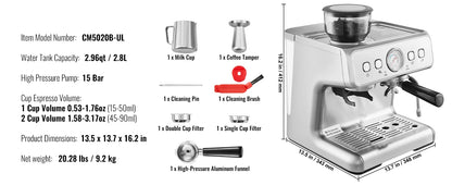 SucceBuy Espresso Machine with Grinder 15 Bar Semi-Automatic Espresso Coffee Maker with Milk Frother Steam Wand