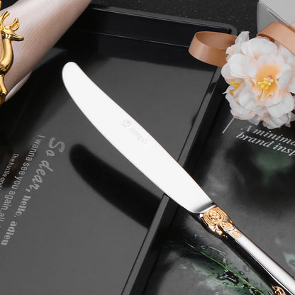 Stainless Steel Silver Flatware Set, Vintage Cutlery, Hollow Handle, Silverware for Wedding, Baroque, 18/10, Glossy Gold