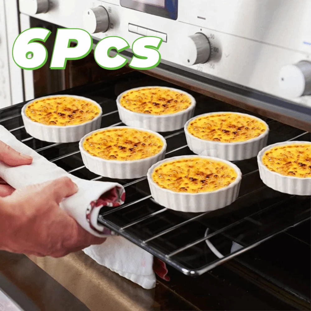 6pcs Mini Ceramic Creme Brulee Ramekins Shallow White Tart Baking Pan Round Steamed Egg Dishes Oven