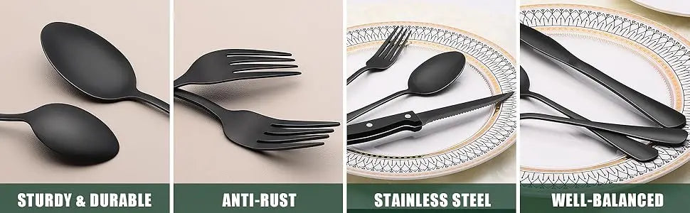 EWFEN 24 Black silverware set with steak knife,Black tableware set,4 Set,Food-grade stainless steel cutlery set,Mirror-polished