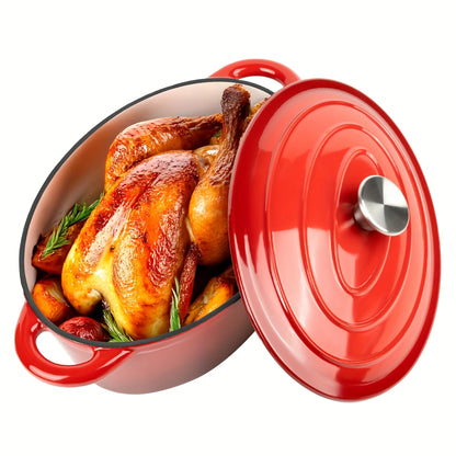A porcelain-coated cast iron stew pot with a lid and two-handled design, suitable for bread baking and cooking.