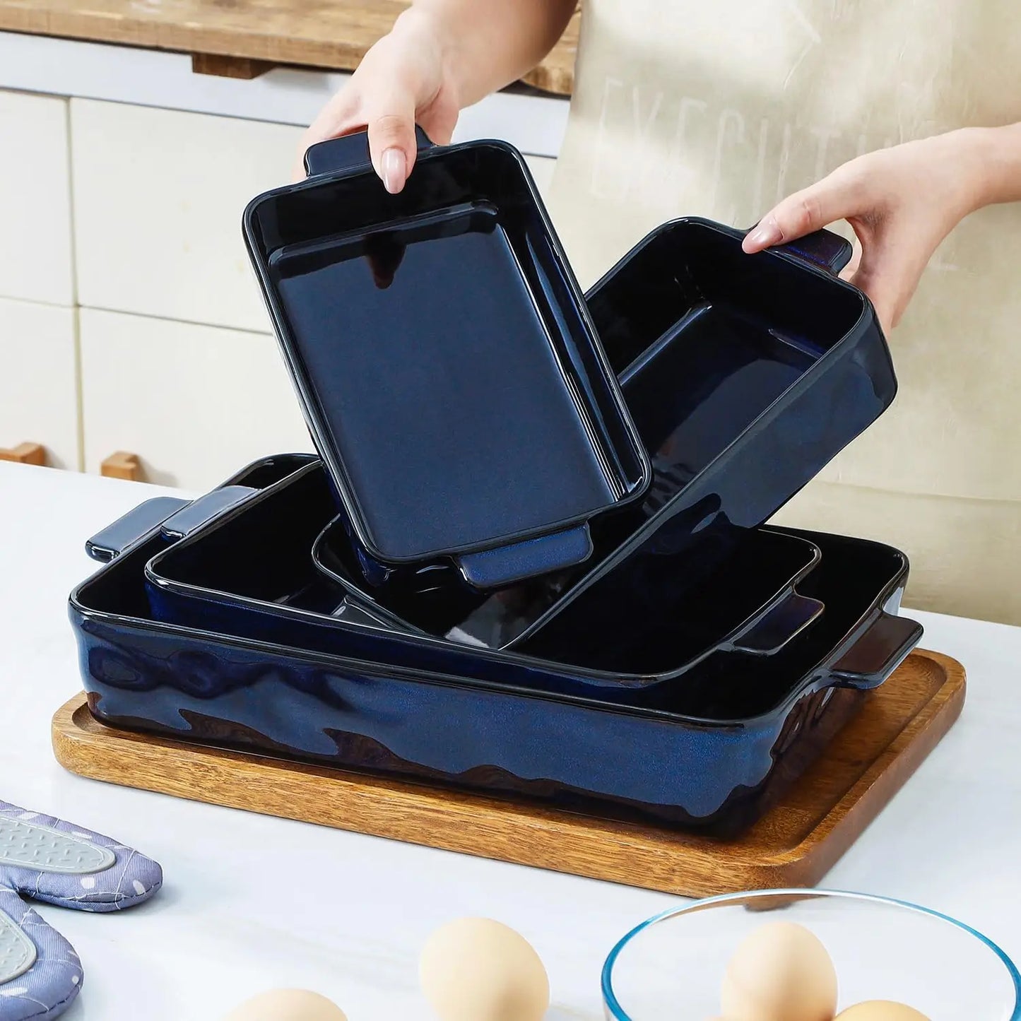 4-Piece Blue Ceramic Bakeware Set: Rectangular Lasagna Pans for Baking, Cooking, Kitchen Use