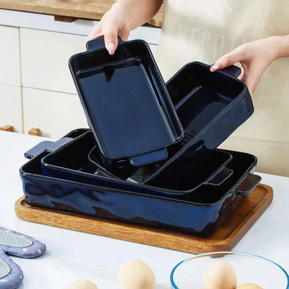 4-Piece Blue Ceramic Bakeware Set: Rectangular Lasagna Pans for Baking, Cooking, Kitchen Use