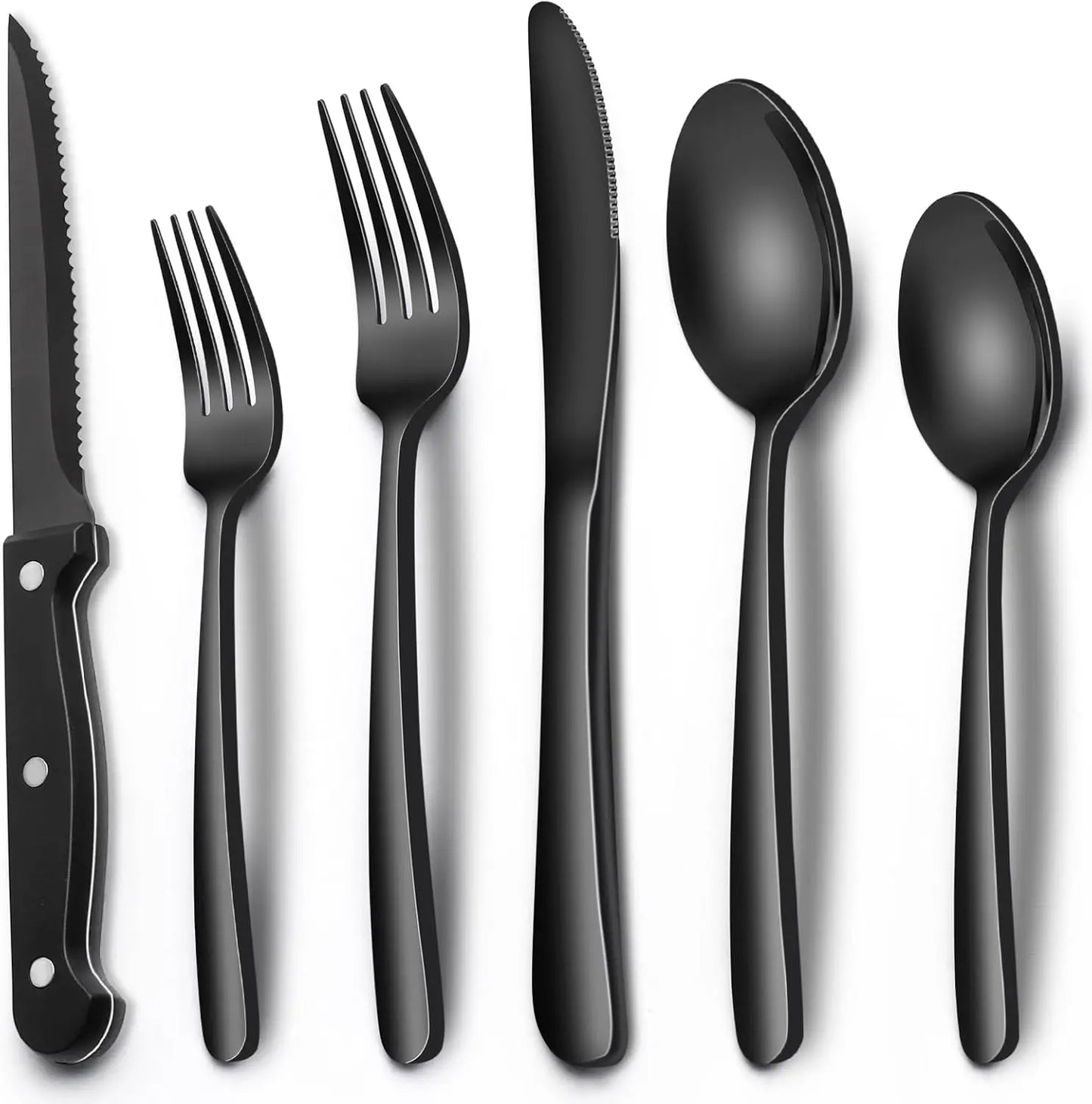EWFEN 24 Black silverware set with steak knife,Black tableware set,4 Set,Food-grade stainless steel cutlery set,Mirror-polished