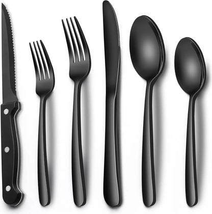 EWFEN 24 Black silverware set with steak knife,Black tableware set,4 Set,Food-grade stainless steel cutlery set,Mirror-polished