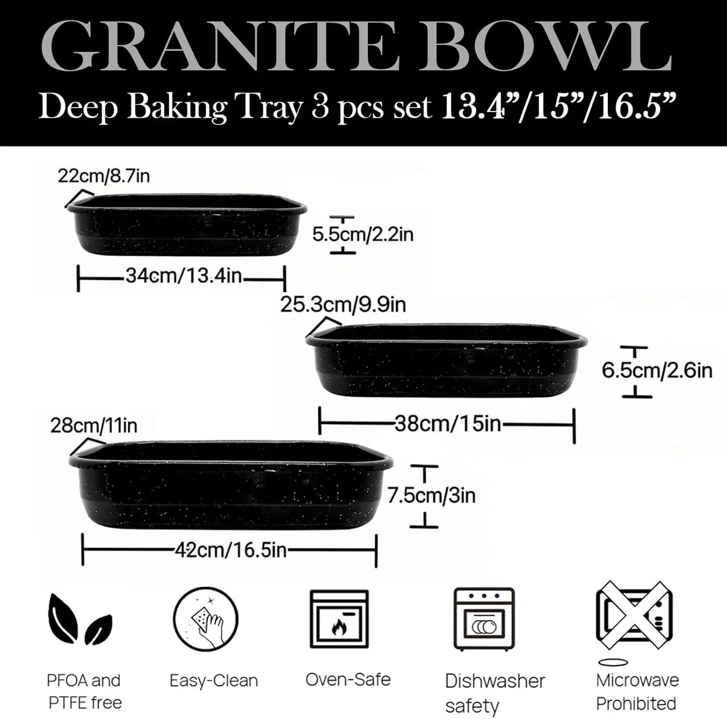 3-Pack Enamel Steel Roasting Pans for Ovens, Deep Baking Set in 17/15/13 Inch Sizes, Easy Clean Bakeware