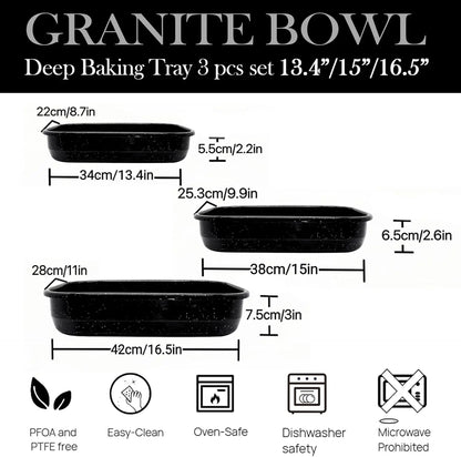 3-Pack Enamel Steel Roasting Pans for Ovens, Deep Baking Set in 17/15/13 Inch Sizes, Easy Clean Bakeware