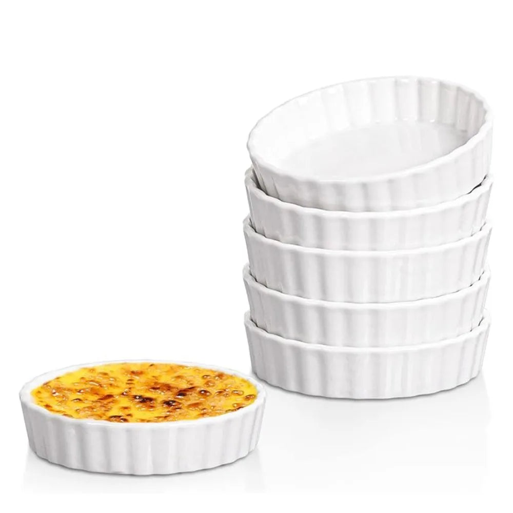 6pcs Mini Ceramic Creme Brulee Ramekins Shallow White Tart Baking Pan Round Steamed Egg Dishes Oven