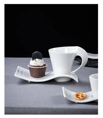 European Ceramic CoffeeCups Set with Wave Shape Plate 80 100 180 and 280ml Modern Minimalist White Cappuccino Latte Dessert Dish