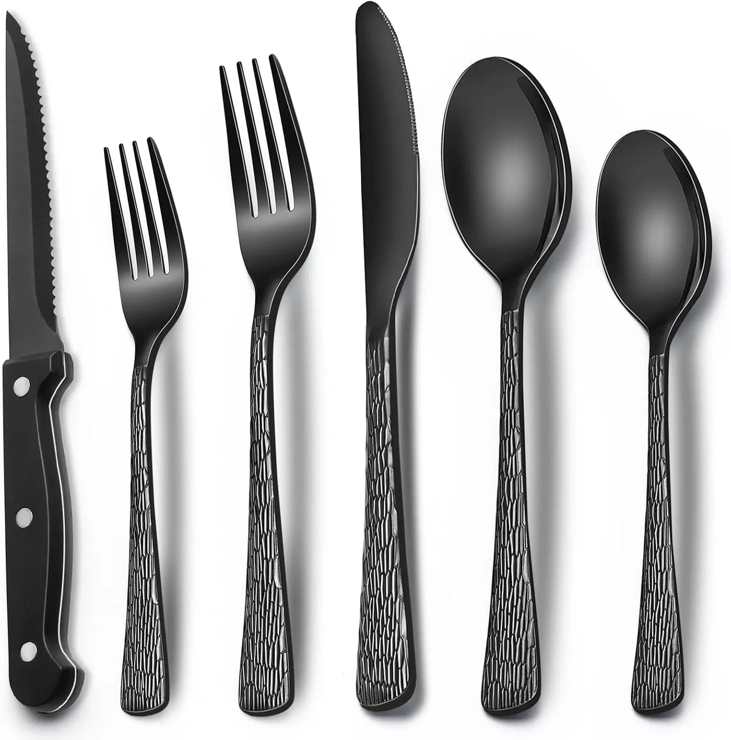 EWFEN 24 Black silverware set with steak knife,Black tableware set,4 Set,Food-grade stainless steel cutlery set,Mirror-polished