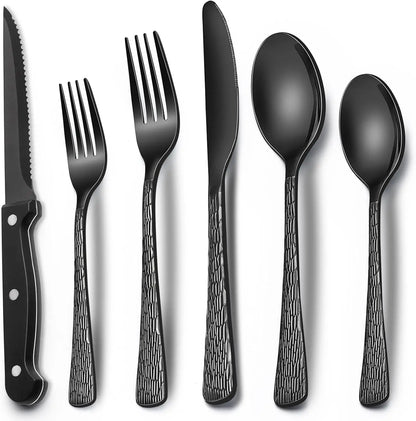 EWFEN 24 Black silverware set with steak knife,Black tableware set,4 Set,Food-grade stainless steel cutlery set,Mirror-polished