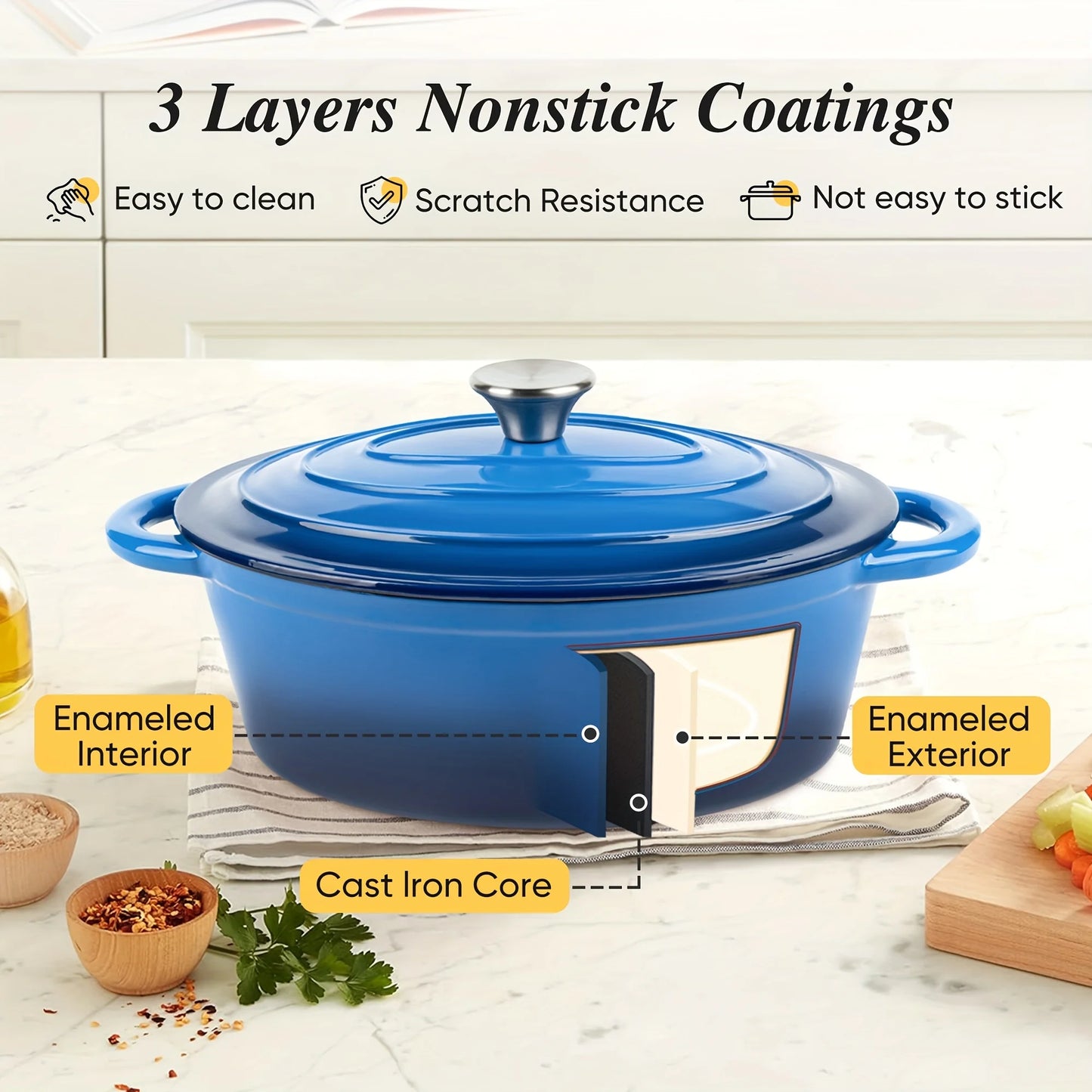 A porcelain-coated cast iron stew pot with a lid and two-handled design, suitable for bread baking and cooking.