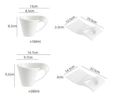 European Ceramic CoffeeCups Set with Wave Shape Plate 80 100 180 and 280ml Modern Minimalist White Cappuccino Latte Dessert Dish