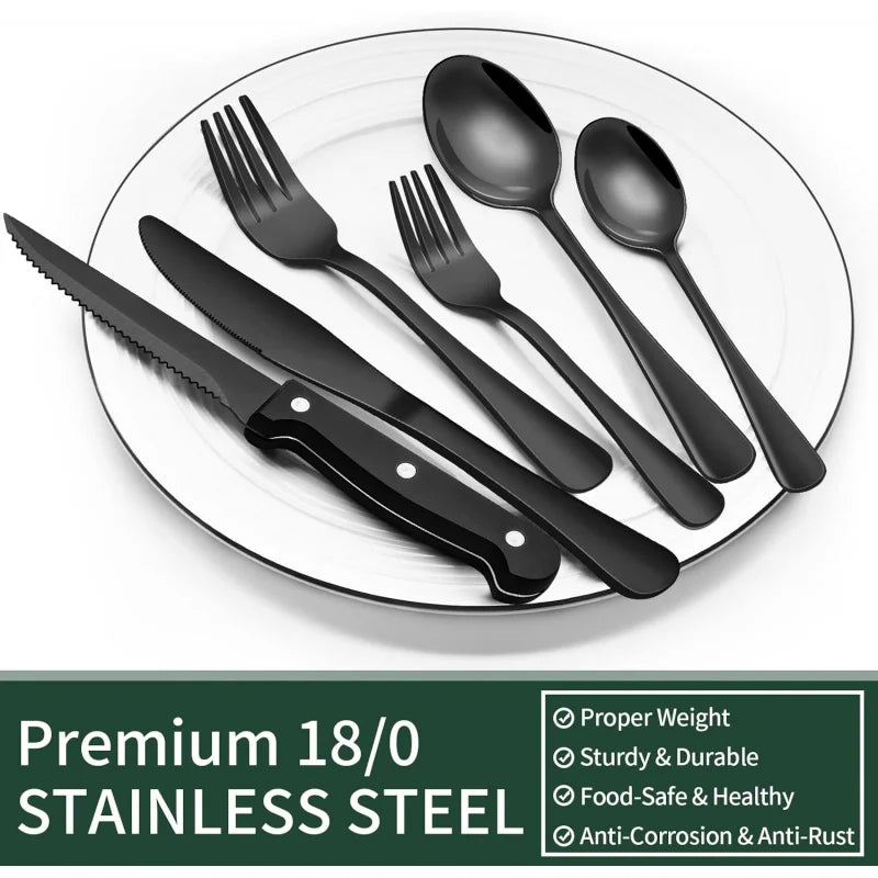 EWFEN 24 Black silverware set with steak knife,Black tableware set,4 Set,Food-grade stainless steel cutlery set,Mirror-polished