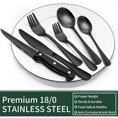 EWFEN 24 Black silverware set with steak knife,Black tableware set,4 Set,Food-grade stainless steel cutlery set,Mirror-polished