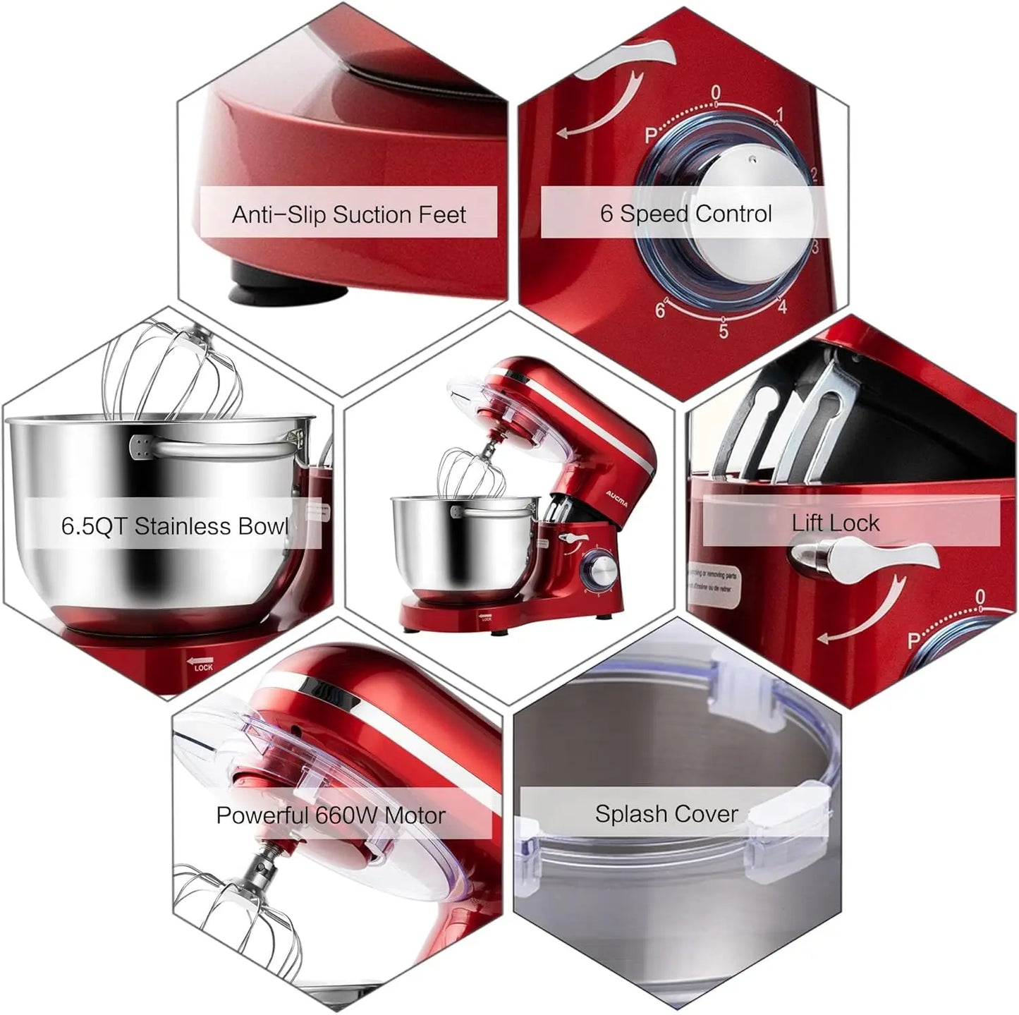 Aucma Stand Mixer 6.5QT 660W 6-Speed Kitchen Electric Food Mixer Bowl with Handle Stainless Steel Bowl