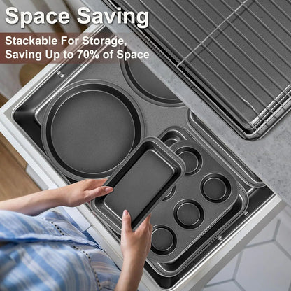 12PCS Nonstick Baking Pans Set with Wider Grip, Includes Cookie Sheets, Muffin Pan, Loaf Pan, Cake Pan