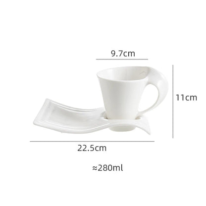 European Ceramic CoffeeCups Set with Wave Shape Plate 80 100 180 and 280ml Modern Minimalist White Cappuccino Latte Dessert Dish