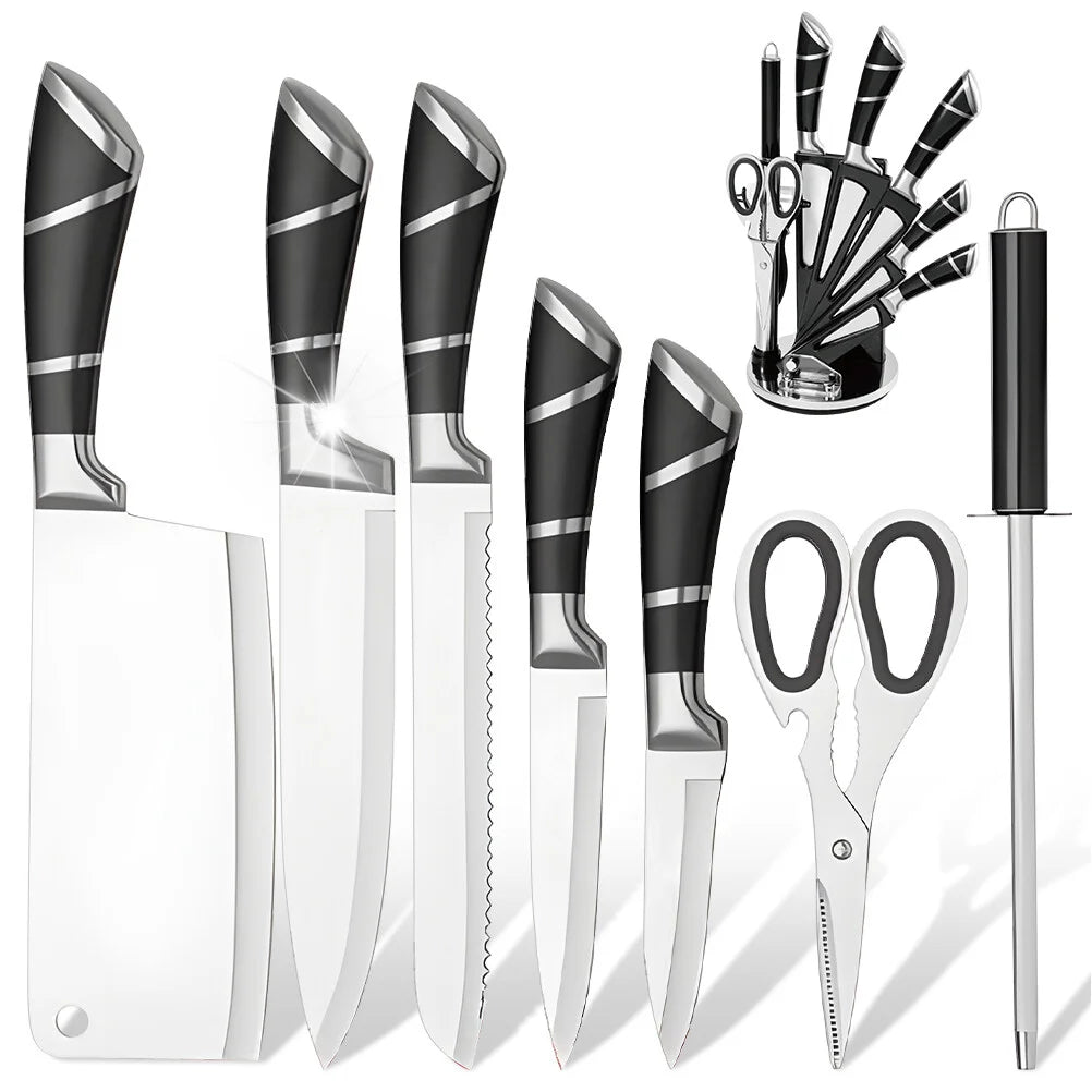 ZENG Stainless Steel Kitchen Knife Set Sharp Non-Stick Coated Chef Knives with Sharpener for Cutting Slicing Dicing Chopping